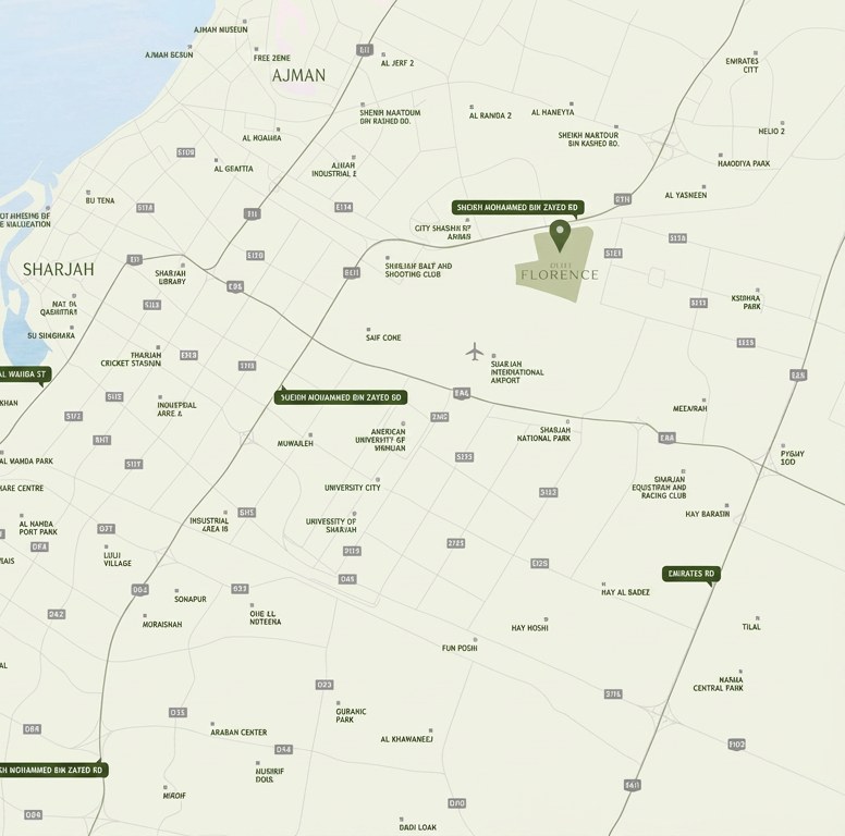 Location map highlighting Azizi Florence in Umm Fannain, Sharjah, beside Sheikh Mohammed Bin Zayed Road with Sharjah International Airport and University City nearby