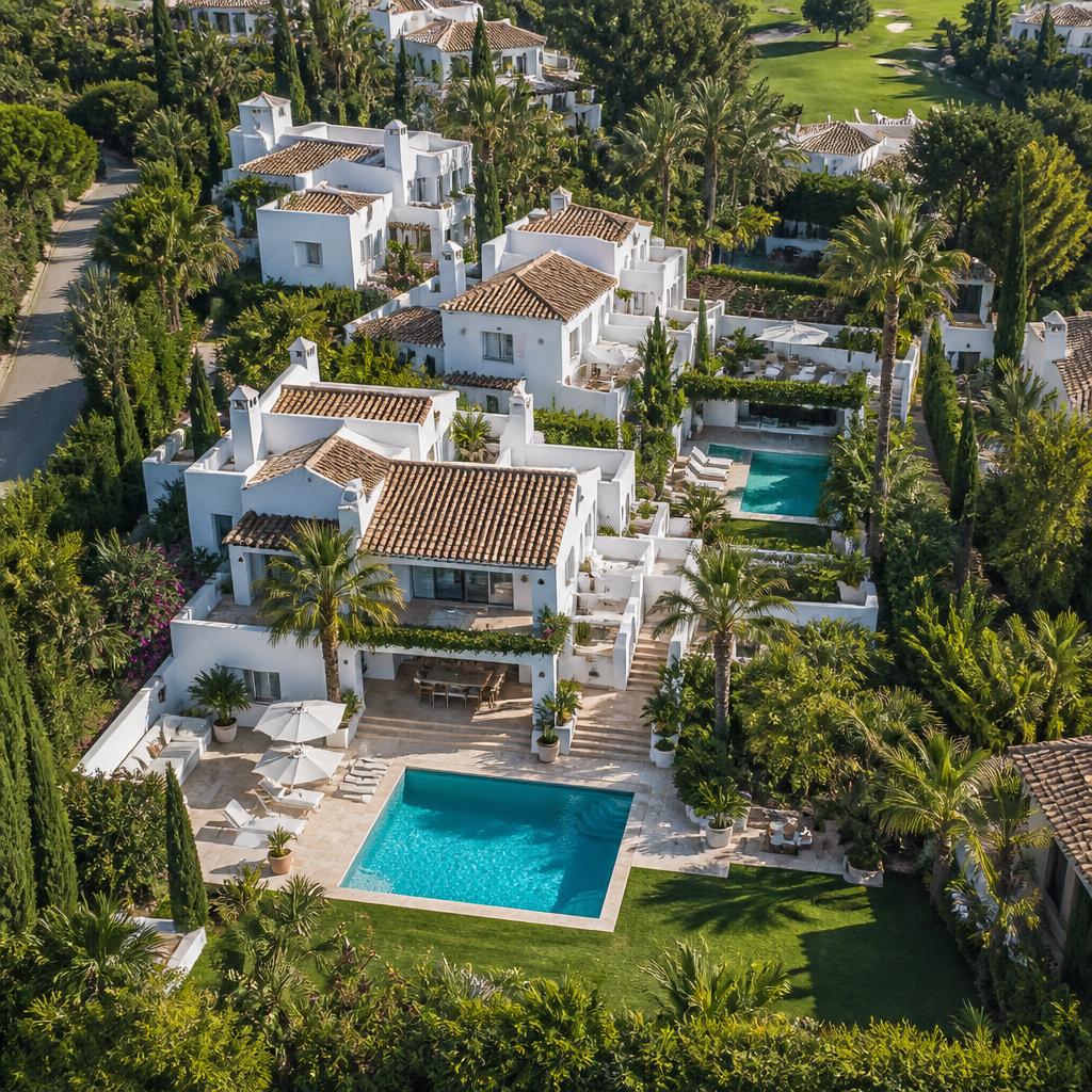 The community from above — white villas nestled amongst palms
