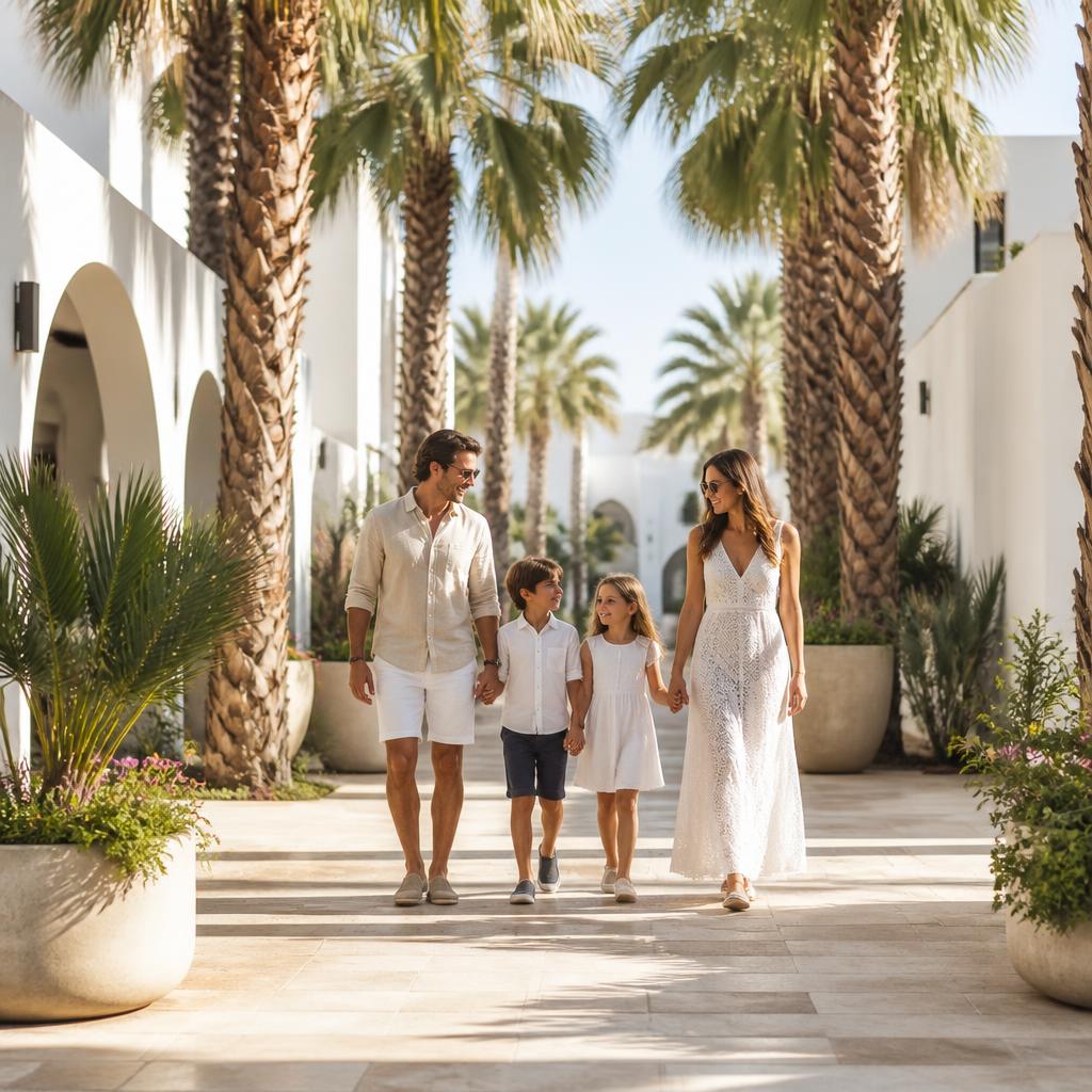 Family walks along shaded, palm-lined pathways