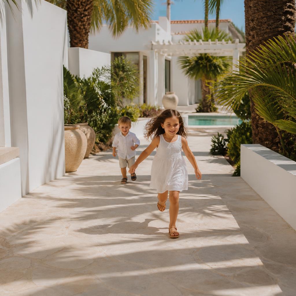 Kids exploring the community's palm-lined paths